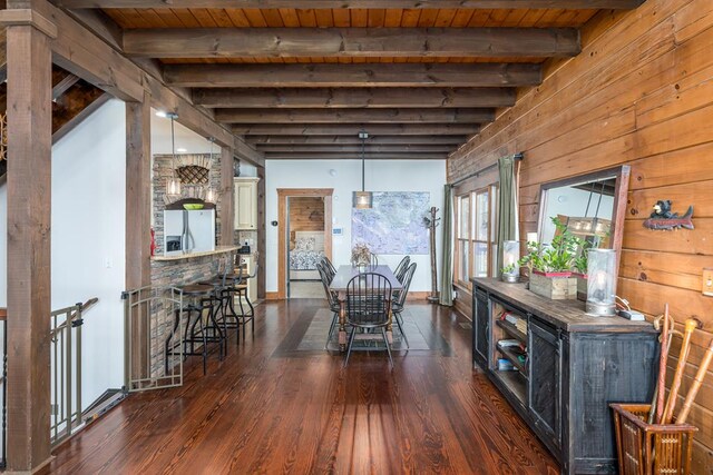 unfurnished dining area with dark wood-type flooring, beam ceiling, wood walls, and wooden ceiling