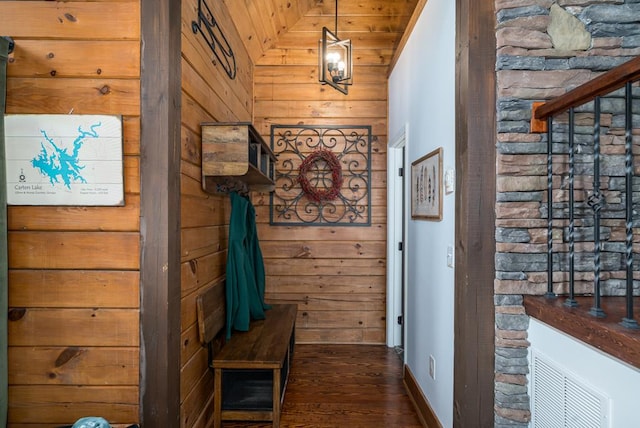 1363 NE Foxhound Trl, Ranger, GA 30734 - hallway featuring wood walls, dark wood finished floors, and baseboards