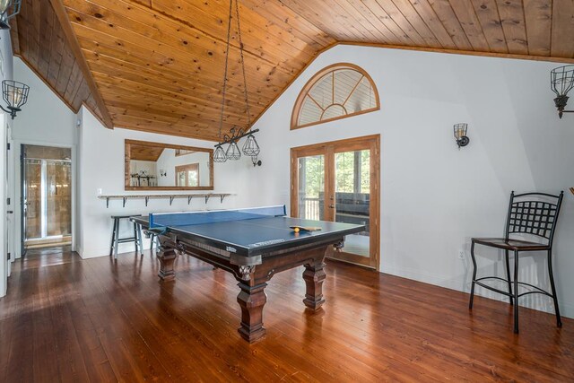 playroom featuring french doors, wood ceiling, dark hardwood / wood-style floors, and high vaulted ceiling