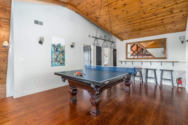 rec room with high vaulted ceiling, wooden ceiling, and wood-type flooring