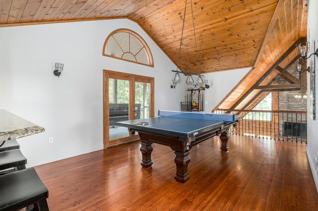 rec room with wooden ceiling, high vaulted ceiling, a healthy amount of sunlight, and dark hardwood / wood-style flooring