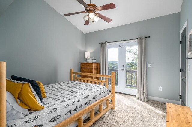 carpeted bedroom with lofted ceiling, french doors, access to exterior, and ceiling fan