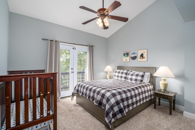 carpeted bedroom featuring ceiling fan, high vaulted ceiling, and access to outside