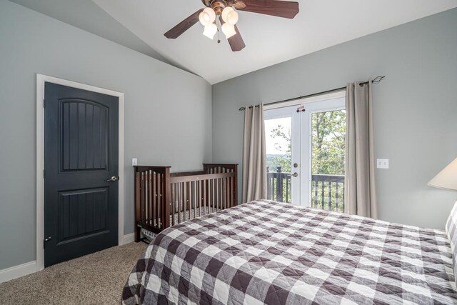 bedroom featuring lofted ceiling, french doors, access to outside, carpet, and ceiling fan