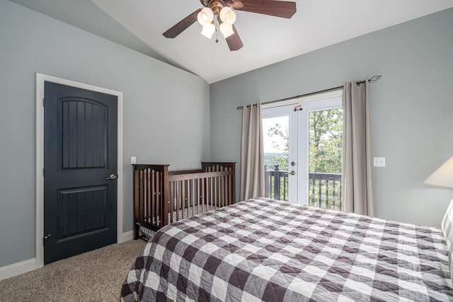 1363 NE Foxhound Trl, Ranger, GA 30734 - carpeted bedroom with lofted ceiling, access to outside, a ceiling fan, and baseboards