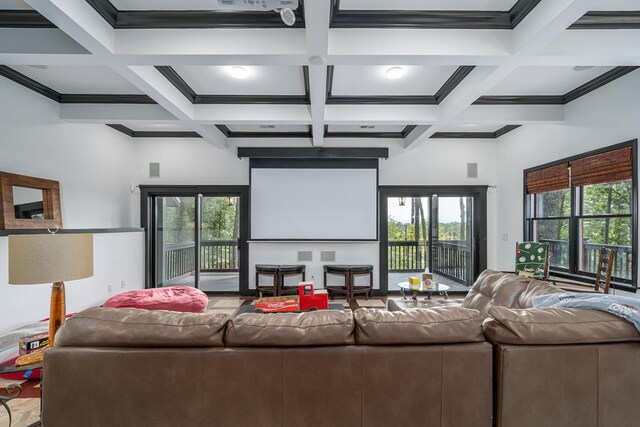 home theater with coffered ceiling, ornamental molding, and beamed ceiling