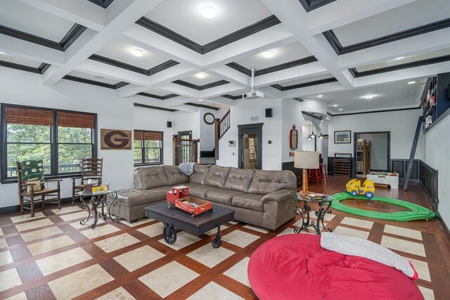 living room featuring coffered ceiling and beamed ceiling