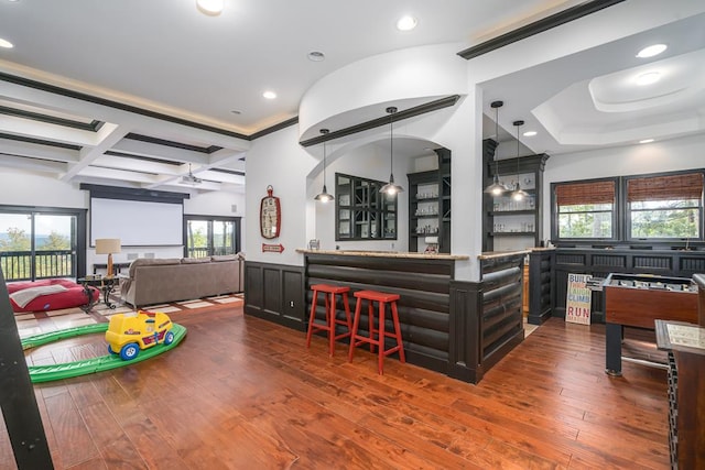 1363 NE Foxhound Trl, Ranger, GA 30734 - indoor dry bar featuring dark wood-style floors, coffered ceiling, beam ceiling, recessed lighting, and decorative light fixtures