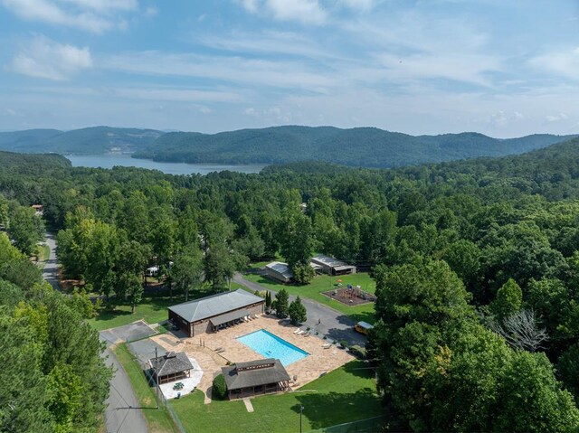 bird's eye view featuring a water and mountain view