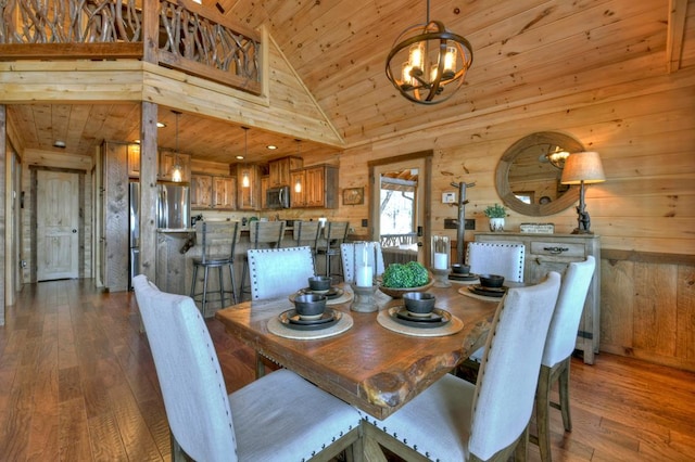 dining area with hardwood / wood-style floors, a notable chandelier, high vaulted ceiling, wood walls, and wood ceiling