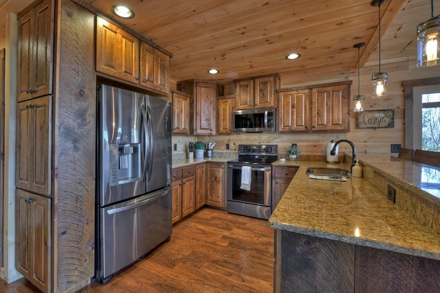 kitchen with dark hardwood / wood-style floors, sink, stainless steel appliances, light stone counters, and pendant lighting