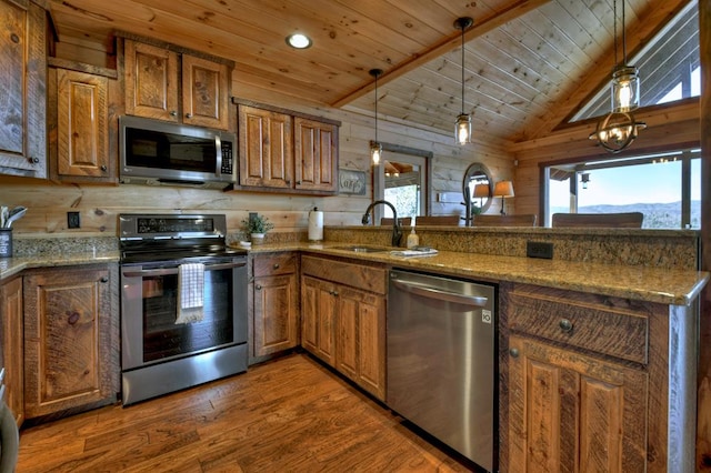 kitchen featuring hanging light fixtures, dark hardwood / wood-style flooring, stainless steel appliances, wooden ceiling, and lofted ceiling