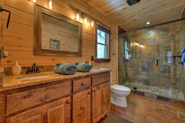 bathroom featuring walk in shower, wood walls, toilet, wooden ceiling, and oversized vanity