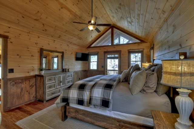 bedroom with wooden ceiling, wood walls, dark hardwood / wood-style flooring, and vaulted ceiling