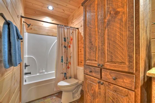 bathroom with shower / bath combo with shower curtain, tile floors, wooden ceiling, toilet, and wooden walls