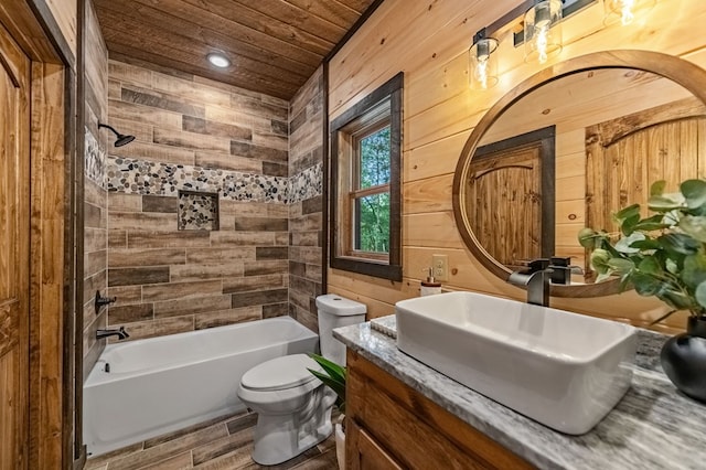 spare room featuring ceiling fan, wood ceiling, wooden walls, high vaulted ceiling, and hardwood / wood-style floors