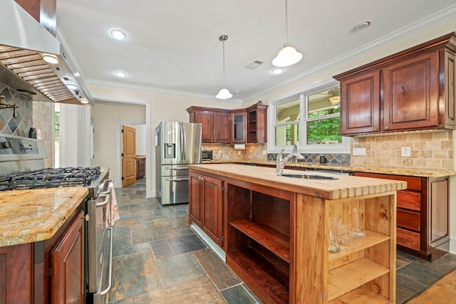 705 Brown Deer Dr, Talking Rock, GA 30175 - kitchen with open shelves, appliances with stainless steel finishes, ventilation hood, crown molding, and recessed lighting