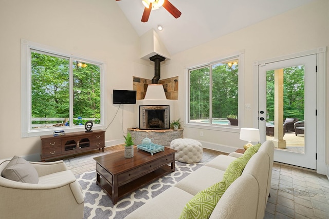 705 Brown Deer Dr, Talking Rock, GA 30175 - living room with ceiling fan and high vaulted ceiling