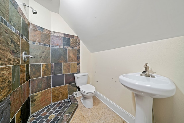 705 Brown Deer Dr, Talking Rock, GA 30175 - full bathroom with lofted ceiling, a tile shower, and speckled floor