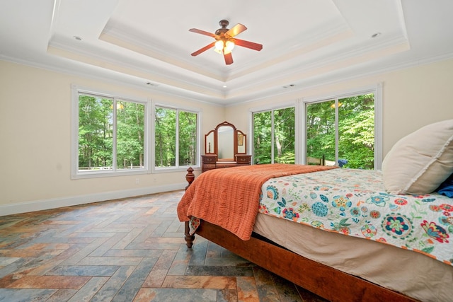 705 Brown Deer Dr, Talking Rock, GA 30175 - bedroom featuring a tray ceiling, ornamental molding, and a ceiling fan
