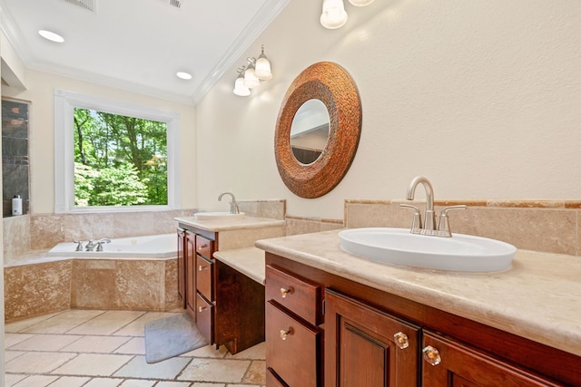 705 Brown Deer Dr, Talking Rock, GA 30175 - bathroom featuring crown molding, two vanities, and a garden tub
