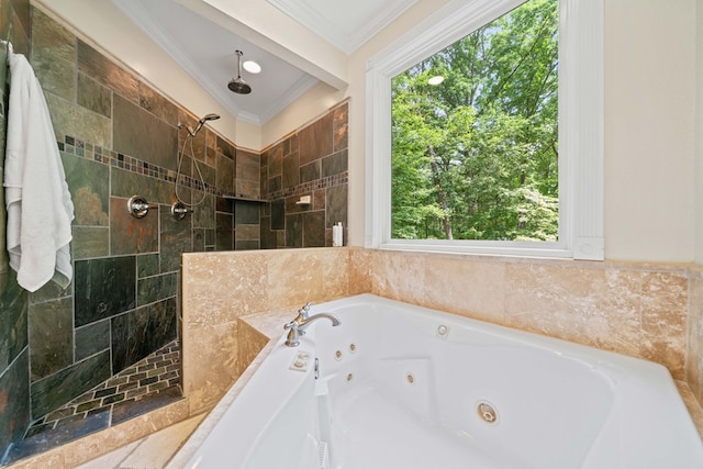 705 Brown Deer Dr, Talking Rock, GA 30175 - bathroom featuring ornamental molding, a tub with jets, and a walk in shower