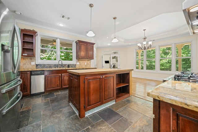 705 Brown Deer Dr, Talking Rock, GA 30175 - kitchen with stainless steel fridge, open shelves, plenty of natural light, and crown molding