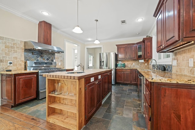 705 Brown Deer Dr, Talking Rock, GA 30175 - kitchen with stainless steel appliances, ornamental molding, backsplash, glass insert cabinets, and pendant lighting