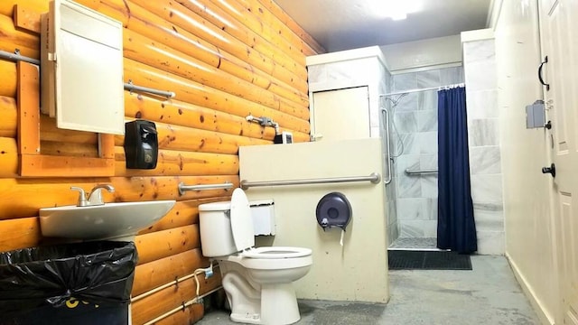 full bath with rustic walls, toilet, a shower stall, concrete floors, and a sink