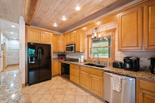 kitchen with wooden ceiling, light tile patterned flooring, sink, black appliances, and light stone counters