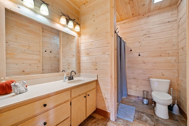 bathroom featuring walk in shower, vanity, wooden walls, wood ceiling, and toilet