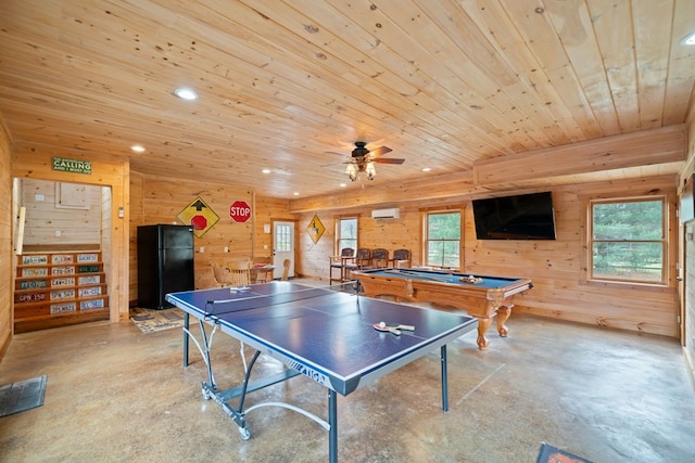 recreation room with wood walls, pool table, wooden ceiling, and ceiling fan