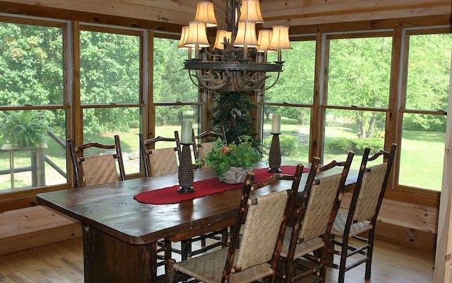 dining room with a wealth of natural light, hardwood / wood-style floors, and a notable chandelier