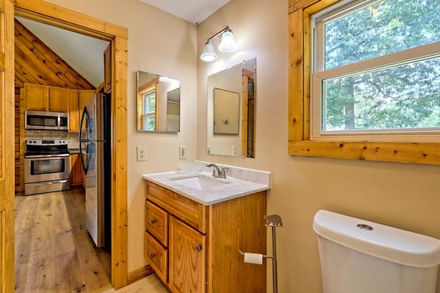 bathroom featuring hardwood / wood-style flooring, vanity, toilet, and tasteful backsplash