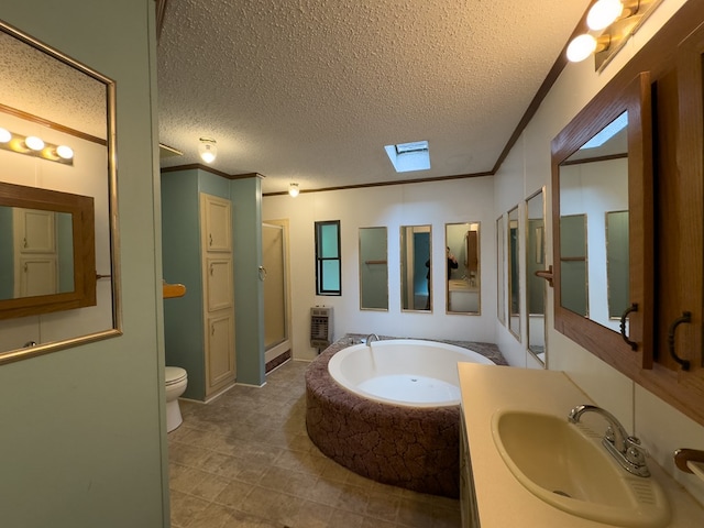 1146 Marrestop Rd, Murphy, NC 28906 - bathroom featuring a garden tub, a textured ceiling, toilet, a shower stall, and crown molding