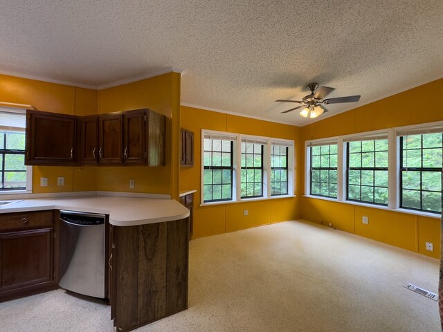 1146 Marrestop Rd, Murphy, NC 28906 - kitchen with dishwasher, a textured ceiling, ceiling fan, light countertops, and dark brown cabinets