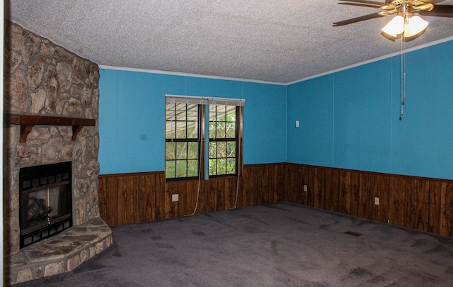 1146 Marrestop Rd, Murphy, NC 28906 - unfurnished living room with a textured ceiling, carpet floors, crown molding, ceiling fan, and wainscoting