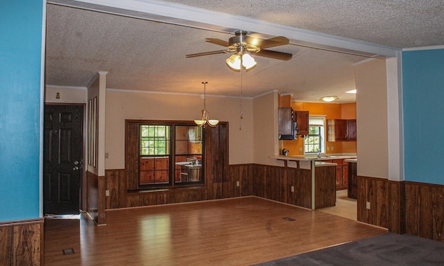 1146 Marrestop Rd, Murphy, NC 28906 - unfurnished living room featuring wainscoting, wood walls, wood finished floors, a ceiling fan, and a sink