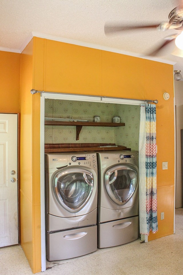 1146 Marrestop Rd, Murphy, NC 28906 - washroom featuring ornamental molding, washing machine and clothes dryer, ceiling fan, and a textured ceiling