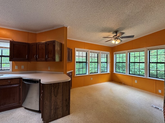 1146 Marrestop Rd, Murphy, NC 28906 - kitchen featuring stainless steel dishwasher, a textured ceiling, ceiling fan, light countertops, and dark brown cabinets