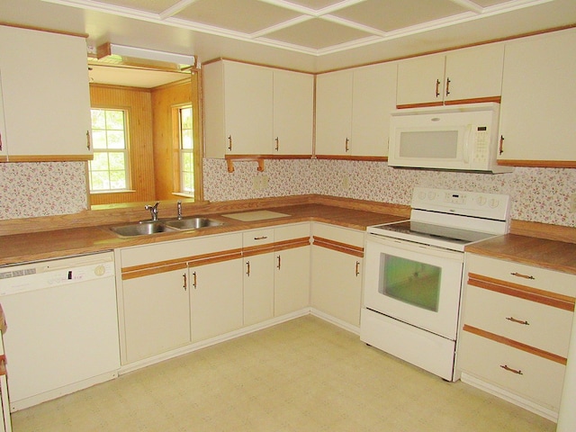 138 Brittain Trce, Andrews, NC 28901 - kitchen featuring white appliances, a sink, light floors, and wallpapered walls