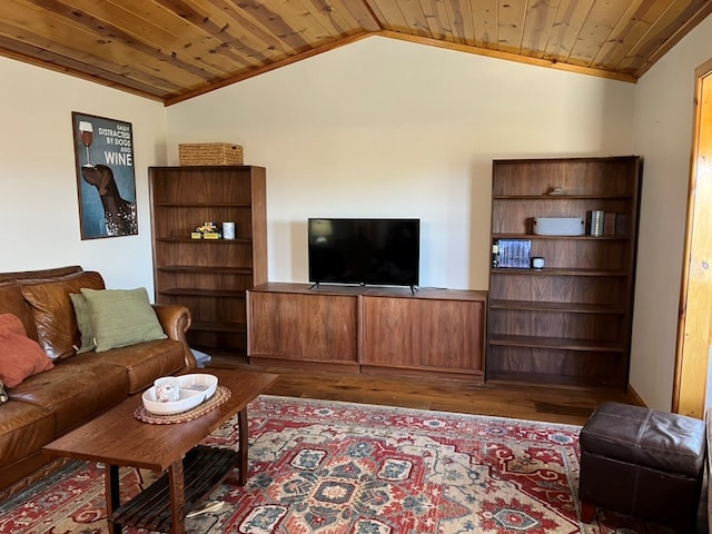 living area featuring wood ceiling, wood finished floors, and vaulted ceiling