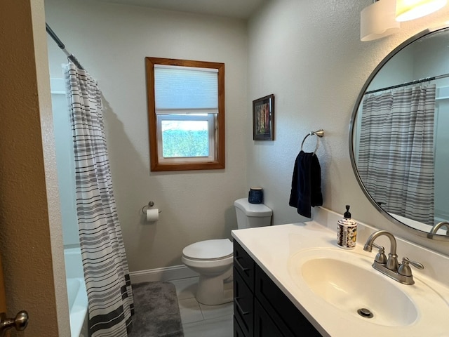 full bath with shower / tub combo, vanity, baseboards, tile patterned floors, and toilet