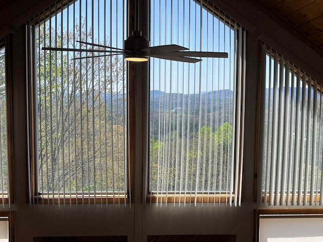 details featuring a mountain view and a ceiling fan