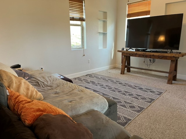 living room with baseboards and carpet floors