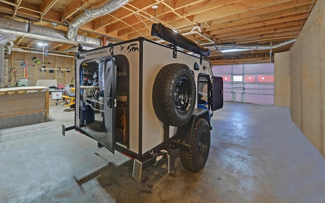 garage with a workshop area