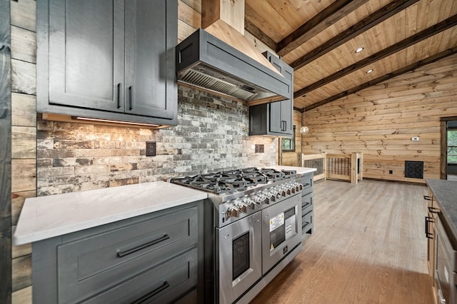 kitchen featuring light hardwood / wood-style floors, lofted ceiling with beams, custom range hood, wooden ceiling, and range with two ovens