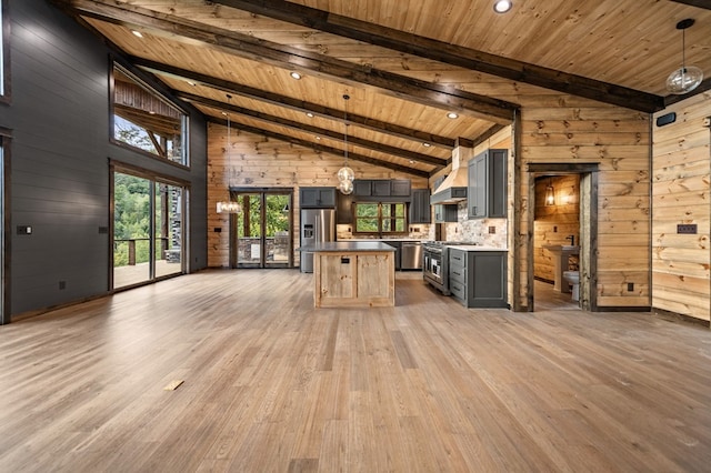 kitchen with pendant lighting, wooden ceiling, stainless steel appliances, and gray cabinetry