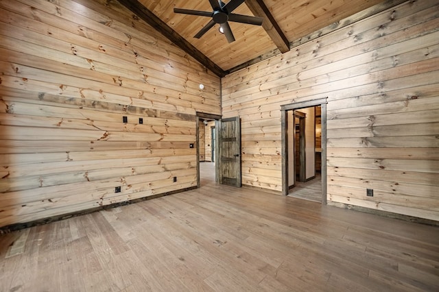 unfurnished room featuring ceiling fan, wooden walls, wood-type flooring, wooden ceiling, and beamed ceiling