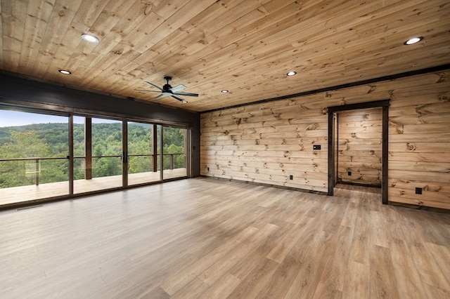 unfurnished room with wooden ceiling, light hardwood / wood-style floors, ceiling fan, and wood walls